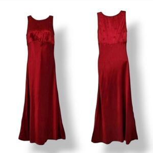 Vintage 90's Maurices Red Embroidered Satin Slip Midi Dress Modern Size Small